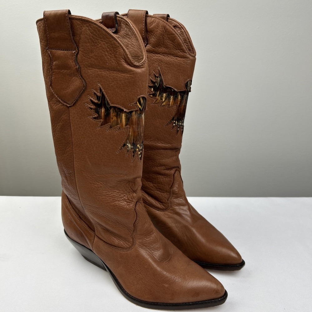 Zodiac USA Cowboy Boots Women 7.5M Brown Butter Soft Leather Feather Eagle Inlay